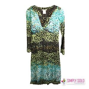 Papillon Blanc Women's A-Line Dress Long Sleeve‎ V-Neck Blue Green Colorblock M